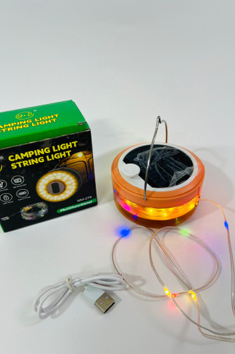 چراغ کمپینگ دارای پنل خورشیدی پاور بانک و ده متر ریسه نور